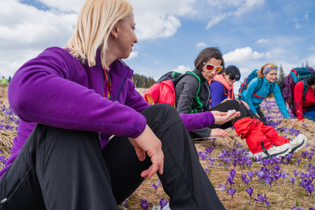 Group of female hikers in mountains during blooming at springの写真素材