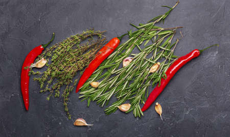 thyme, rosemary, garlic and red hot pepper top