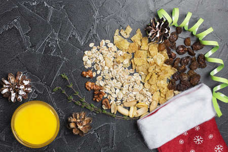 Muesli healthy food concept on dark background.