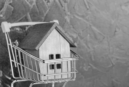 mockup of a small wooden house in a shopping trolleyの写真素材