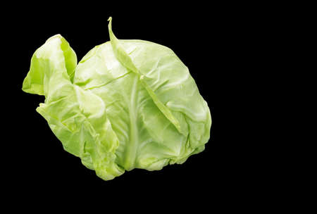young green cabbage is healthy and rich in vitamins on a black backgroundの写真素材