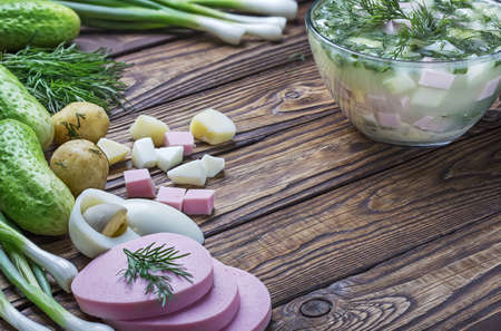 Okroshka is a cold summer soup with radish, cucumber and dill.の写真素材