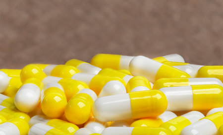 Pile of medical pills in yellow capsules.