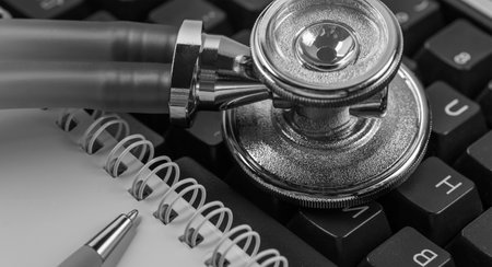 Online medical stethoscope on computer keyboard. modern medicine.の写真素材