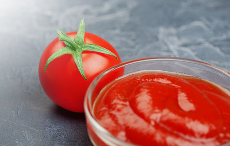 close-up of red tomatoes and tomato ketchup in a bowlの写真素材