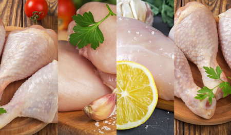 collage of fresh raw chicken parts with spicesの写真素材