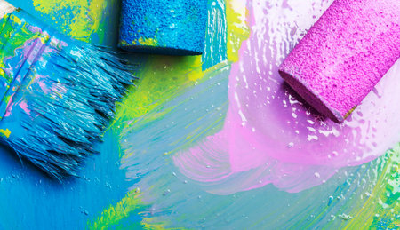 paint roller and brushes with pink and blue paintの写真素材