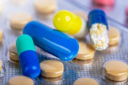 medical pills in capsules and tablets.top view.の写真素材