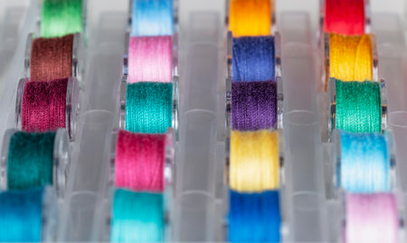 Plastic bobbins for a sewing machine with multi-colored threads.の写真素材