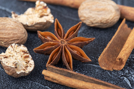 Background of cinnamon sticks, star anise and nutmegの写真素材