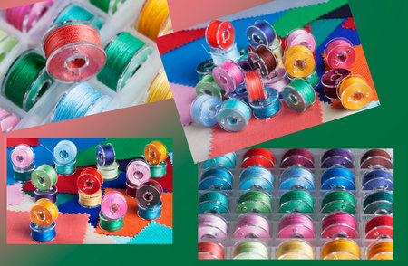 Collage of photographs of plastic bobbins for a sewing machine with bright threads in a storage box.の写真素材