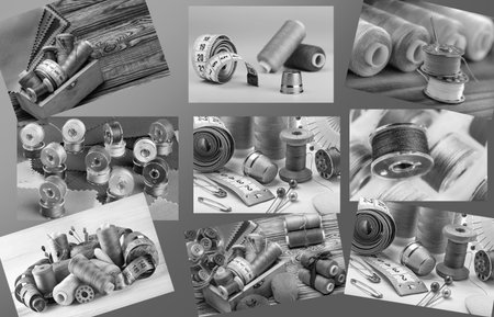 Black and white collage of sewing kits, threads, needles, pins.