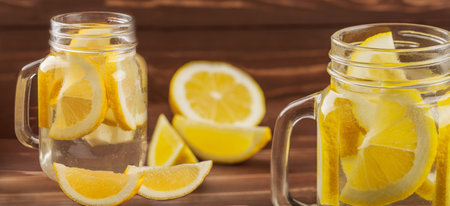 water in glasses with lemon on wooden backgroundの写真素材