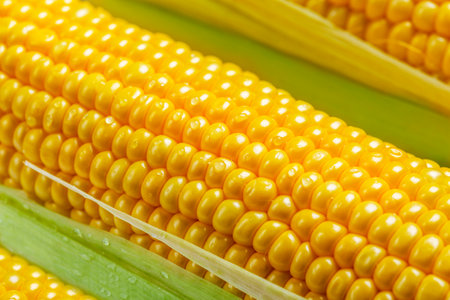 Fresh yellow corn, on the cob, close-up, top viewの写真素材