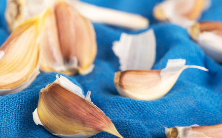 garlic close up on blue background healthy lifestyle