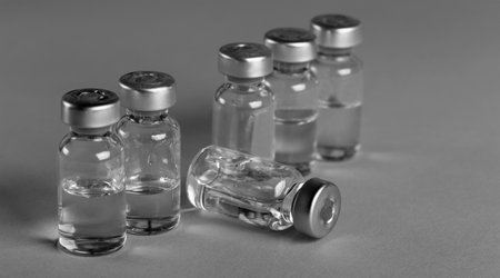 group of medical glass bottles with medicinesの写真素材