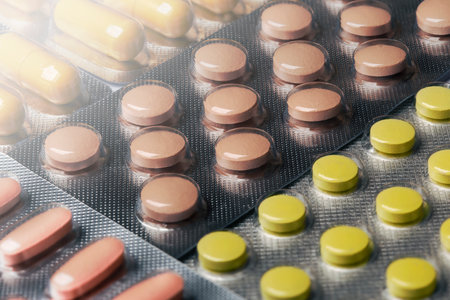 yellow and other colored medical pills. Tablets in plastic packaging.の写真素材