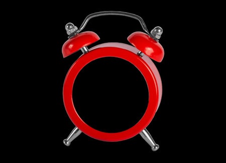 red alarm clock without numbers on black background