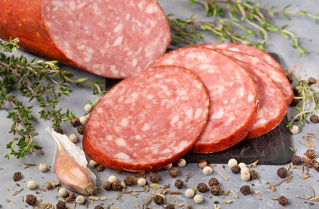 sliced ââround pieces of sausage, top viewの写真素材
