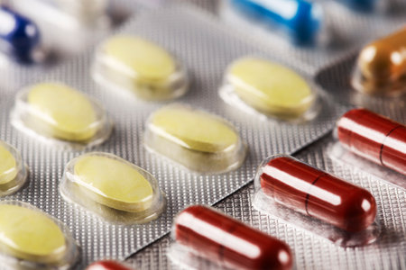 Close-up of pharmaceutical drugs in blister packs.の写真素材