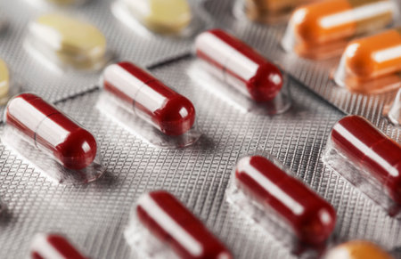 Close-up of pharmaceutical drugs in blister packs.