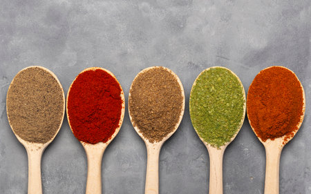 Spices of red and black pepper, dried herbs and paprika in spoons. Top view.の写真素材