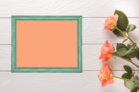 beautiful flowers roses and color frame for congratulationsの写真素材