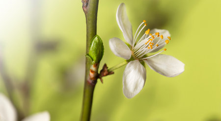 Young spring flowers and green buds on the branches.の写真素材
