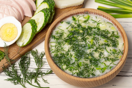 Okroshka - cold summer soup in a bowl close-upの写真素材