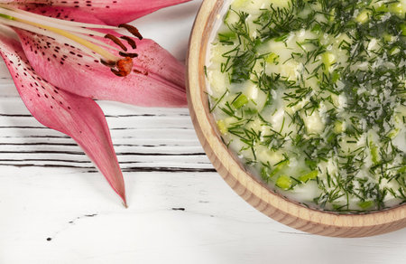Okroshka - cold summer soup in a bowl close-upの写真素材
