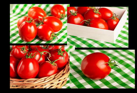 collage of red tomatoes close up on tableの写真素材