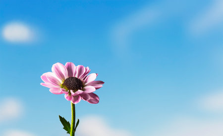 a lonely pink flower against a blue sky