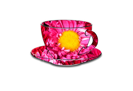 pink flowers in the shape of a teacup and saucerの写真素材