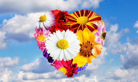 Heart of flowers against the blue sky.