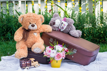 Toy bears are sitting on a suitcases in the gardenの写真素材