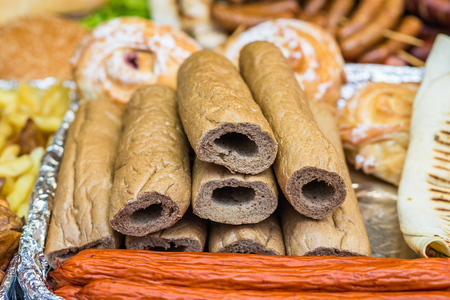 prepared buns for hot dogs with holes for sausagesの写真素材