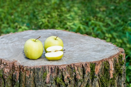 Fresh ripe apples on a stumpの写真素材