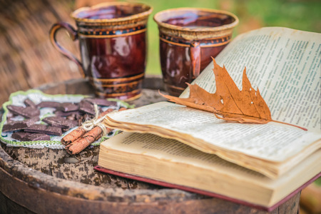 Two cups of coffee near a open bookの写真素材