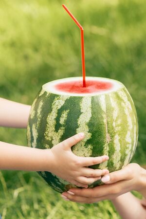Child's hands gives a juicy watermelon with a straw to female hands on green nature background. Whole watermelon with straw close up.の写真素材