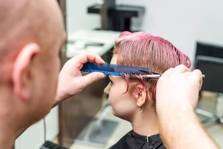 Back view of woman having her hair cut at the hairdresser's, closeup.の写真素材
