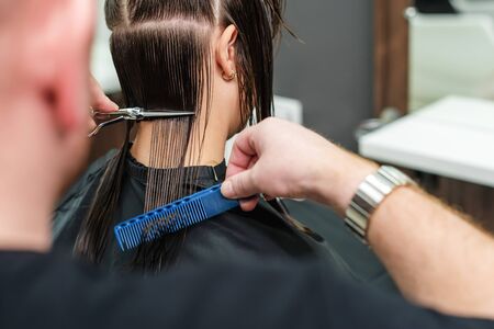 Hairdresser cutting hair of woman, close up, rear view.の写真素材