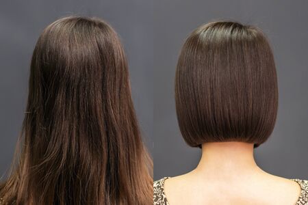 Rear view of hair before and after haircut.の写真素材