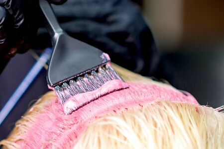 Brush applies pink dye on white hair of woman close-up. Hair coloring in a beauty salon.の写真素材