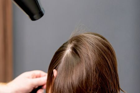 Close up of professional hairdresser is drying hair of woman back view in hair salon.の写真素材