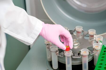 Male hand is puting test tube to centrifuge machine wearing protective gloves.の写真素材