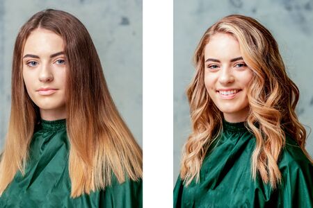 Portrait of young woman with straight and curly hair before and after treatment.の写真素材