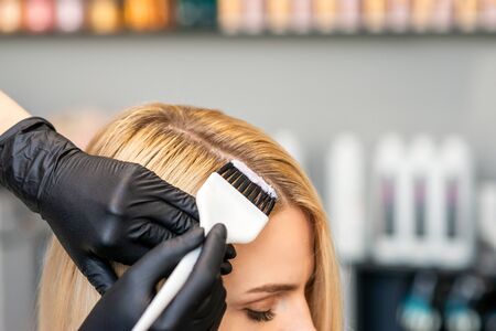 Hands of hairdresser dyeing hair of woman with brush at beauty salon.の写真素材