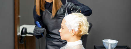 Female hairdressers dyeing hair of young caucasian woman in hair salonの写真素材