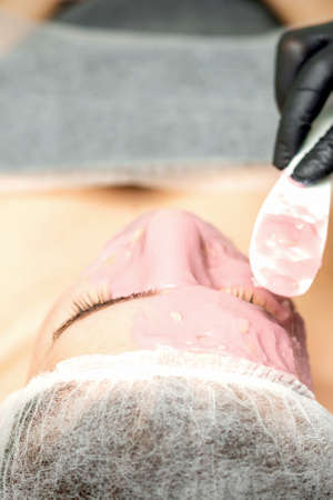 The cosmetologist applying an alginic mask to the face of a young woman in a beauty salonの写真素材
