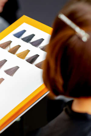 Young caucasian woman choosing a color from the hair color chart in a beauty salonの写真素材
